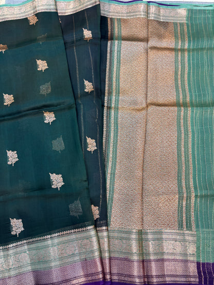 Teal and beige handloom saree with gold motif checks and woven green border