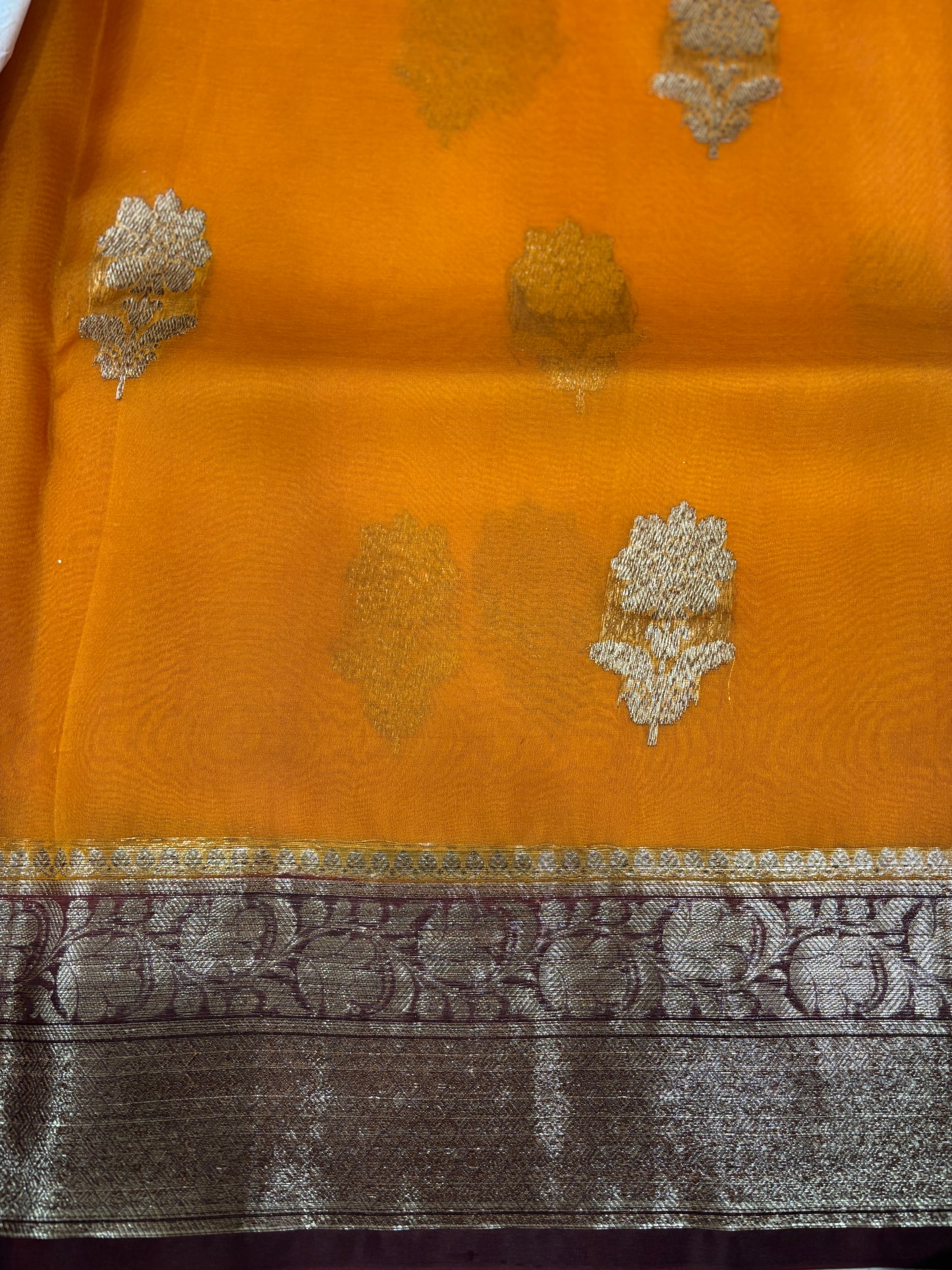Yellow with brown border, pure Kora Antique Zari, Banarasi Handloom sari