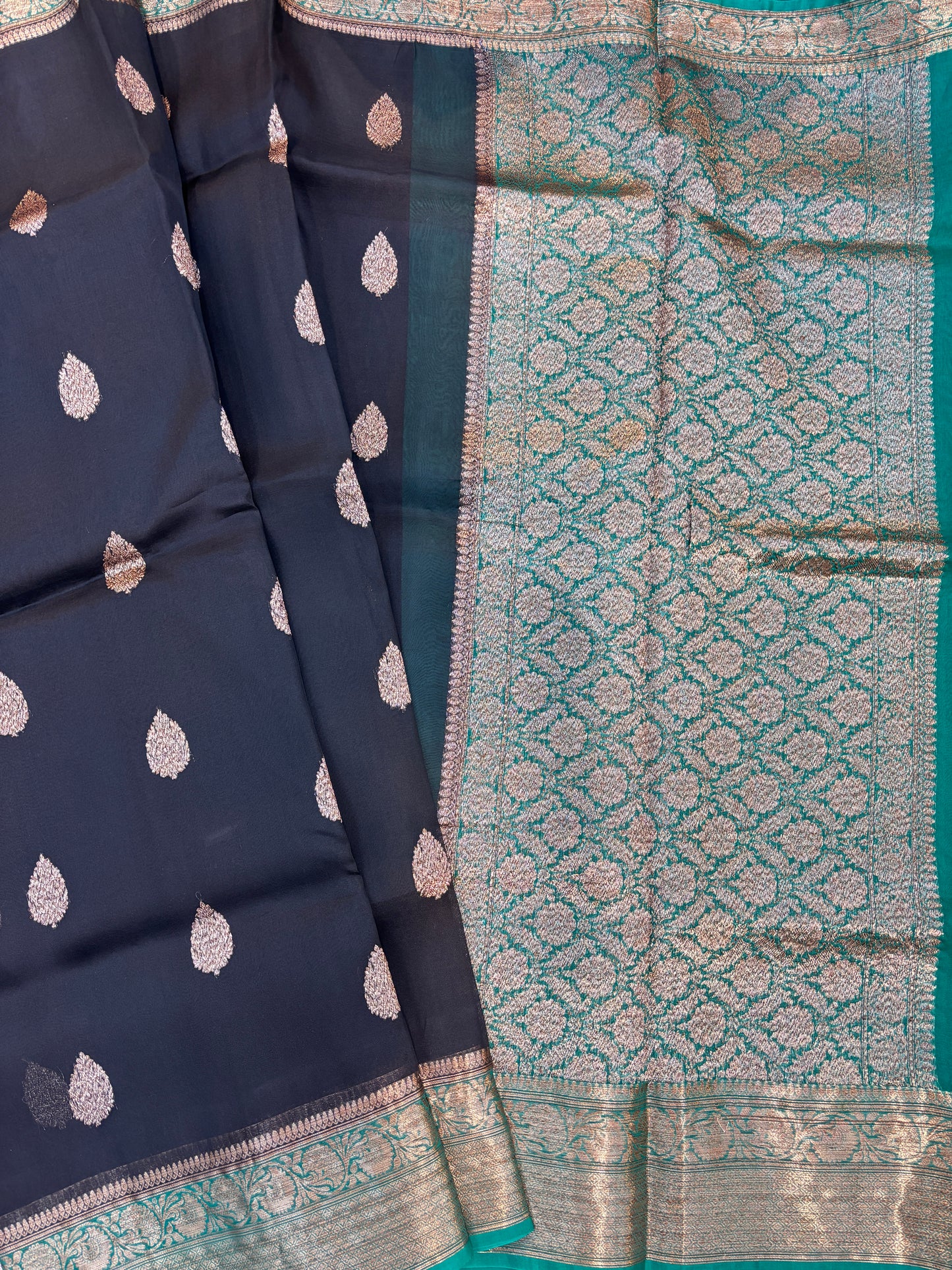 Black-Firosi Pure Kora Antique Zari Banaras Handloom Saree