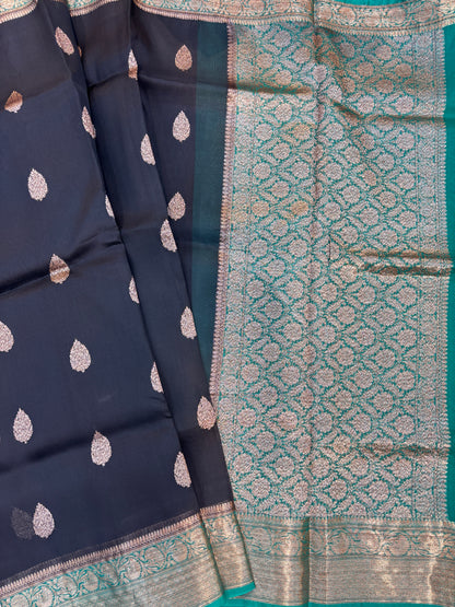 Black-Firosi Pure Kora Antique Zari Banaras Handloom Saree