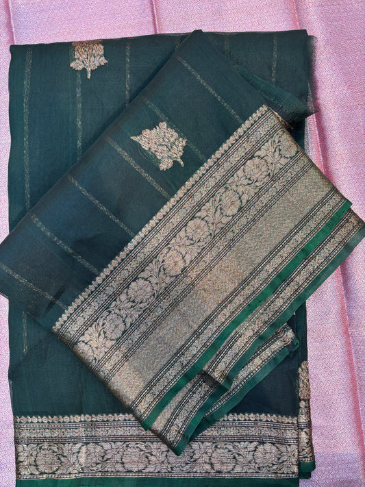 Bottle Green Pure Kora Antique Zari Banarasi Handloom Saree