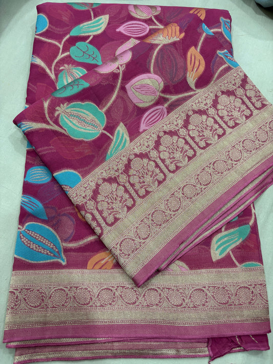 Onion Pink Semi Khaddi Georgette Banaras Sari 