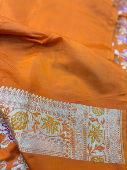 Orange Pure Katan Jangla Banarasi Handloom Saree