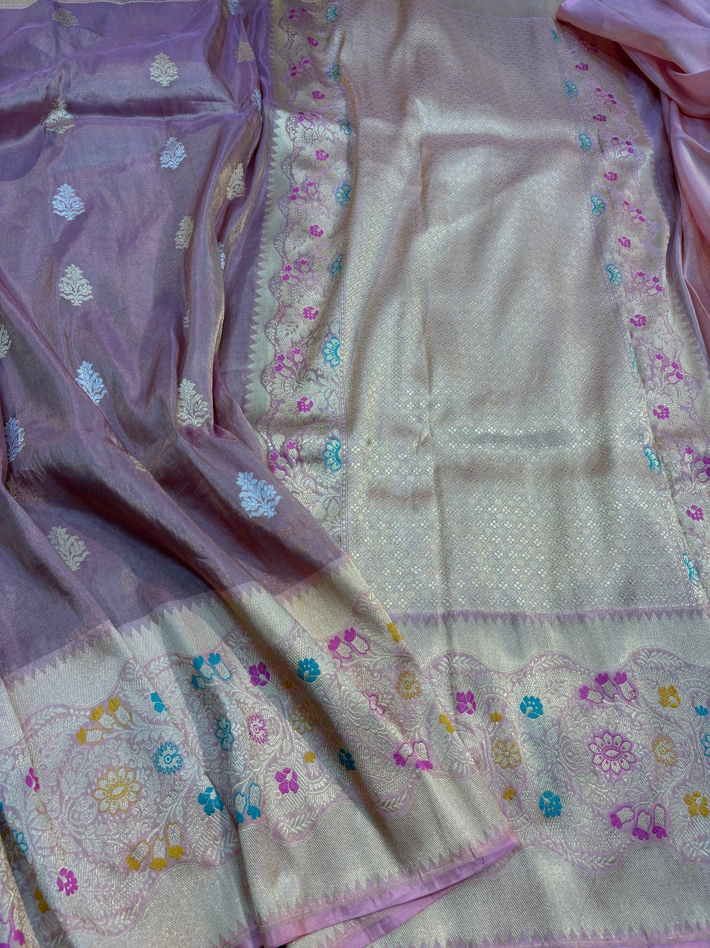 Lavender pure Katan Tissue with heavy Border Handwoven sarees