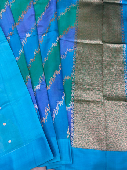 Blue silk saree with zigzag floral motif and woven gray-silver border