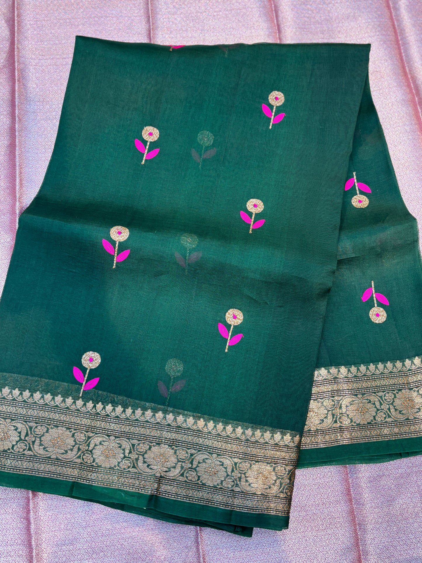 Rama Green Kora Meena kora Antique Zari Banarasi Handloom Saree
