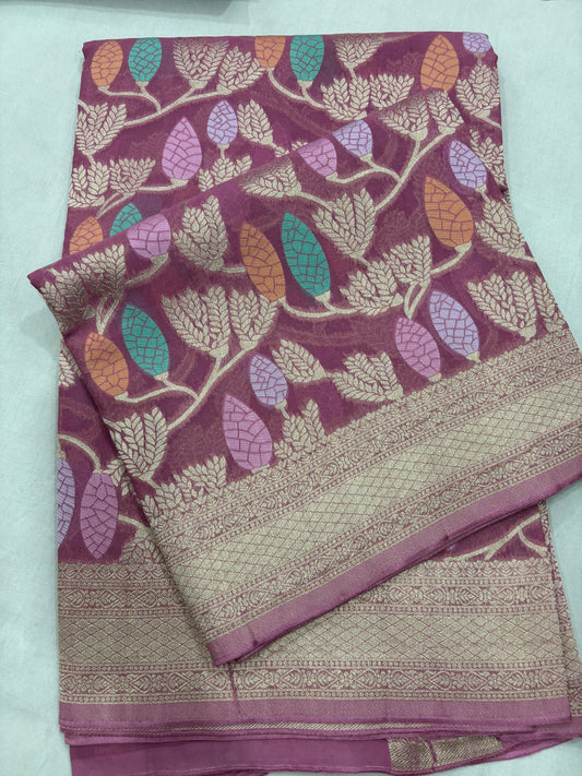 Lavender pink Semi Khaddi Georgette Banaras Sari 