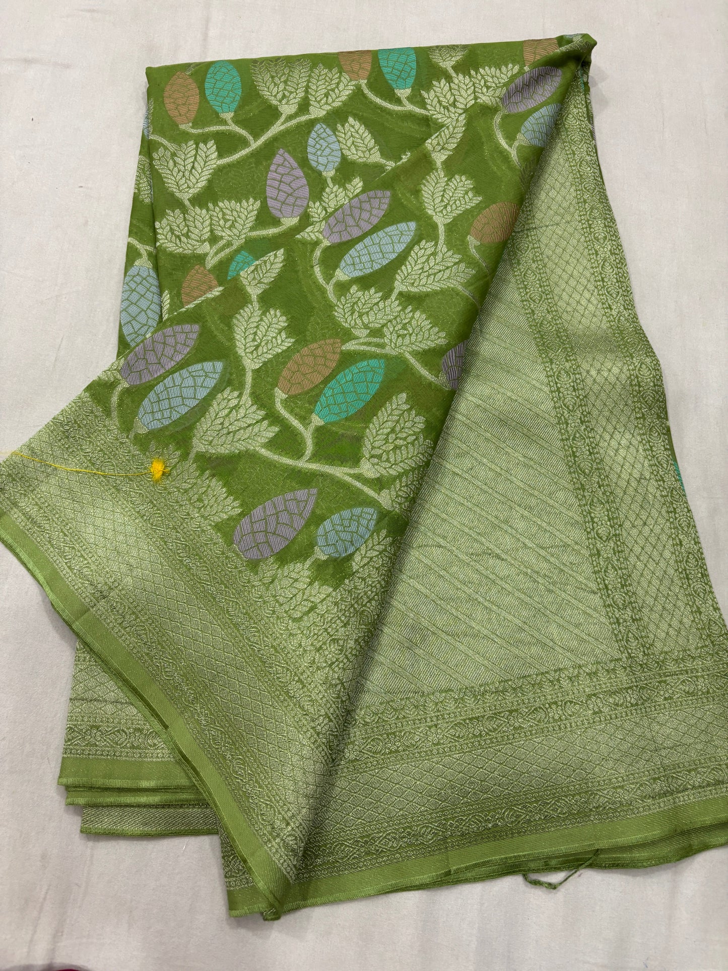 Green Semi Khaddi Georgette Banaras Handloom Sari 