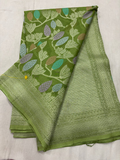 Green Semi Khaddi Georgette Banaras Handloom Sari 