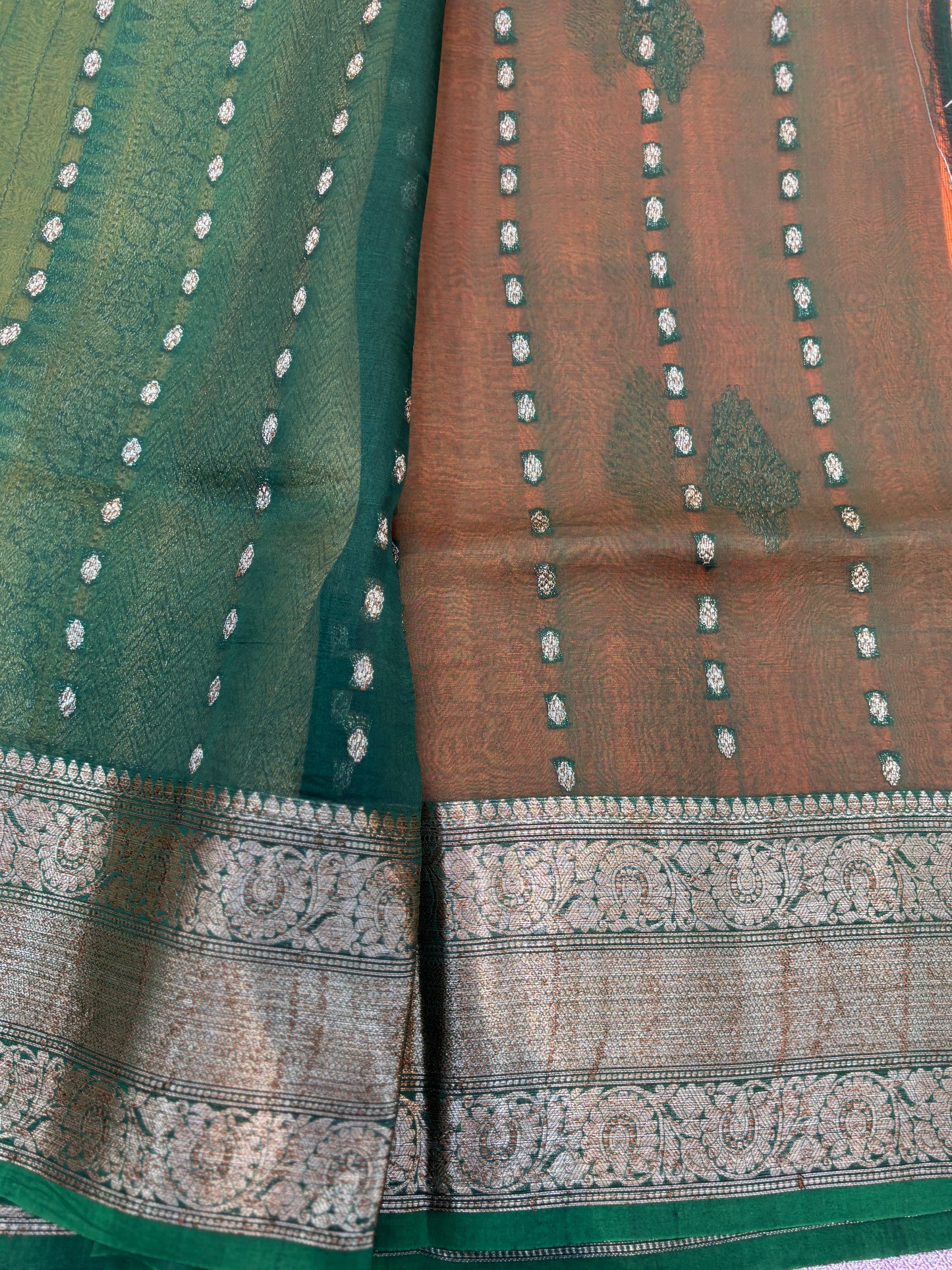 Orange Green Pure Kora Antique Zari Banarasi Handloom Saree