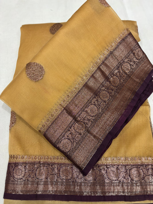 Lemon Yellow with Bottle Green Border Pure Kora Antique Zari Banarasi Handloom Saree