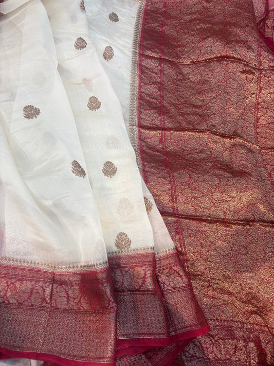 White pure kora antique Zari Banarasi Handloom Saree 