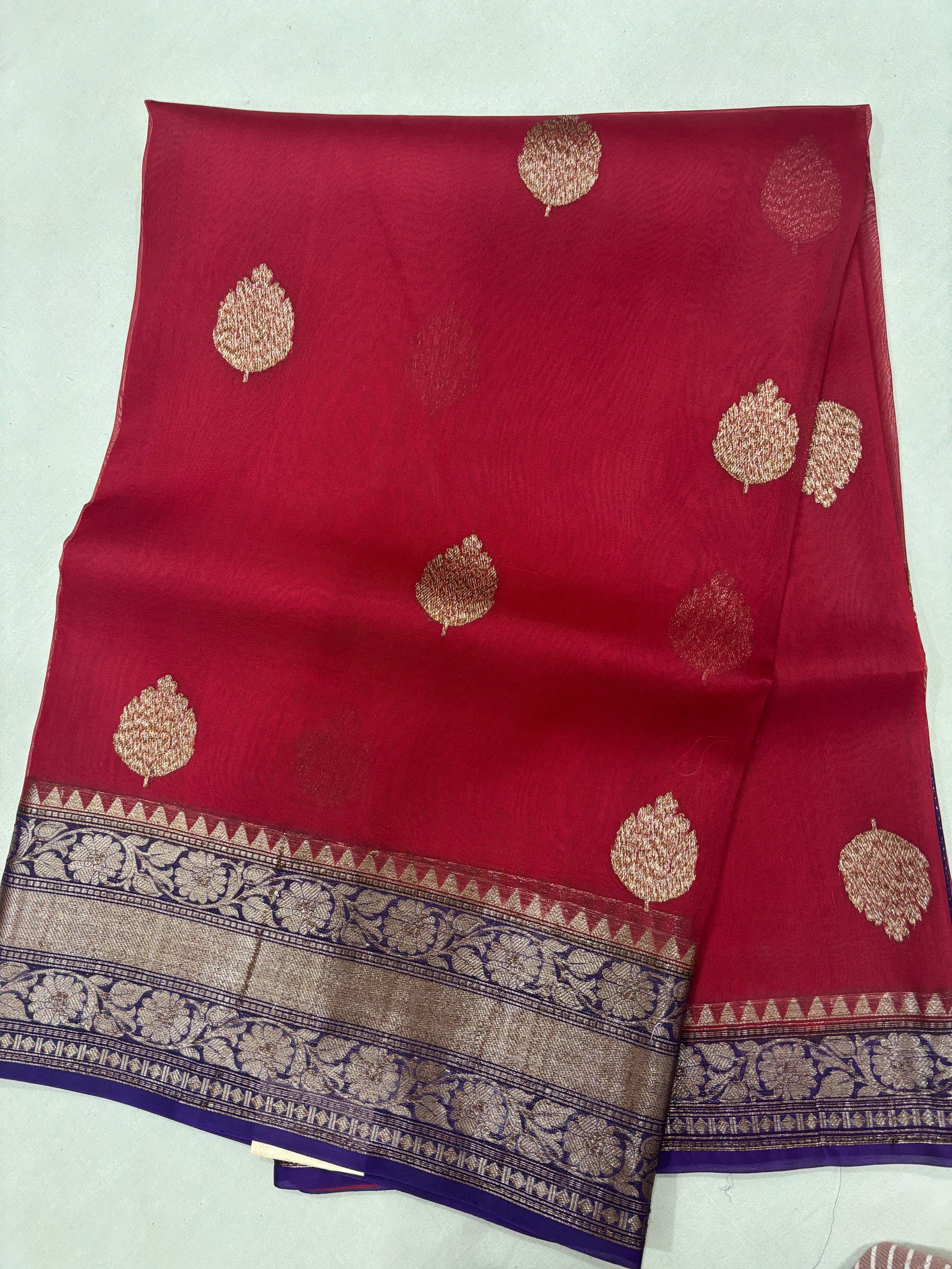Red with Blue Pure Kora Antique Zari Banarasi Handloom Saree 