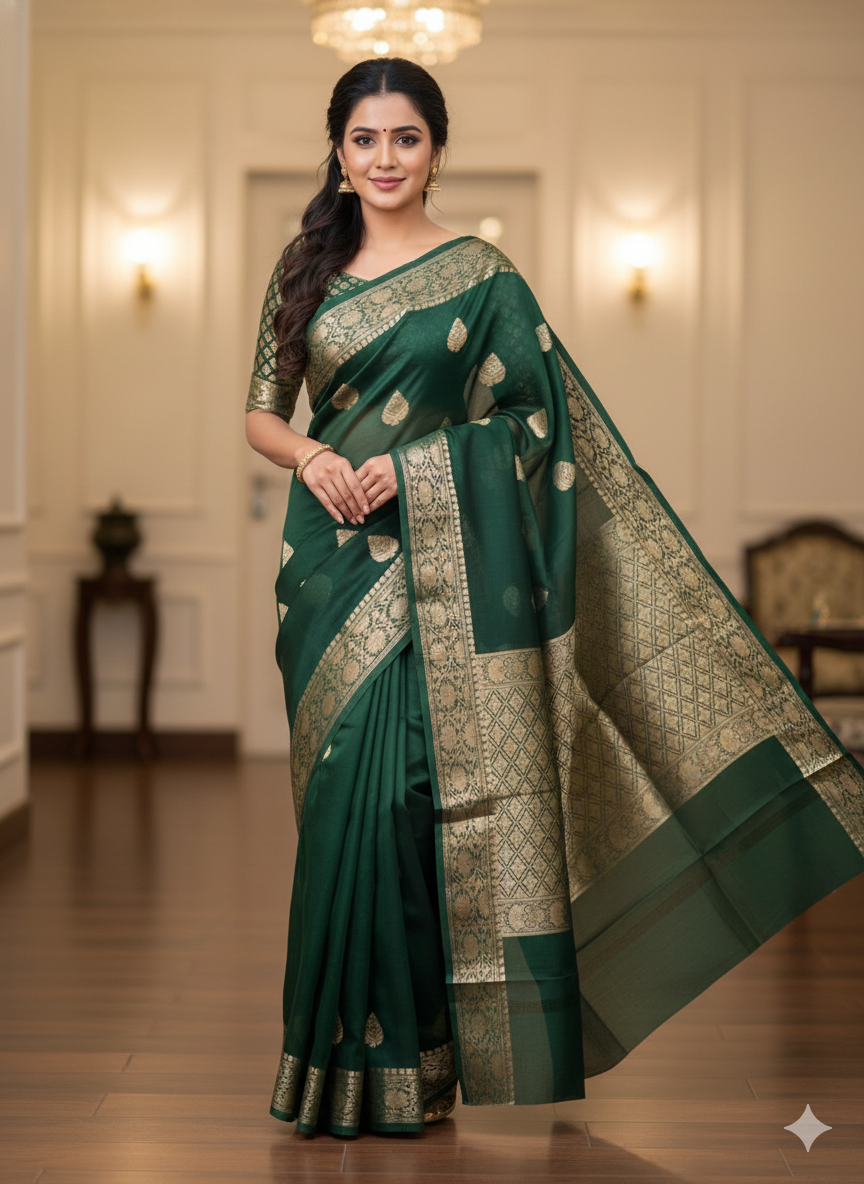 Rama Green Pure Kora Designer kadhua Banarasi 