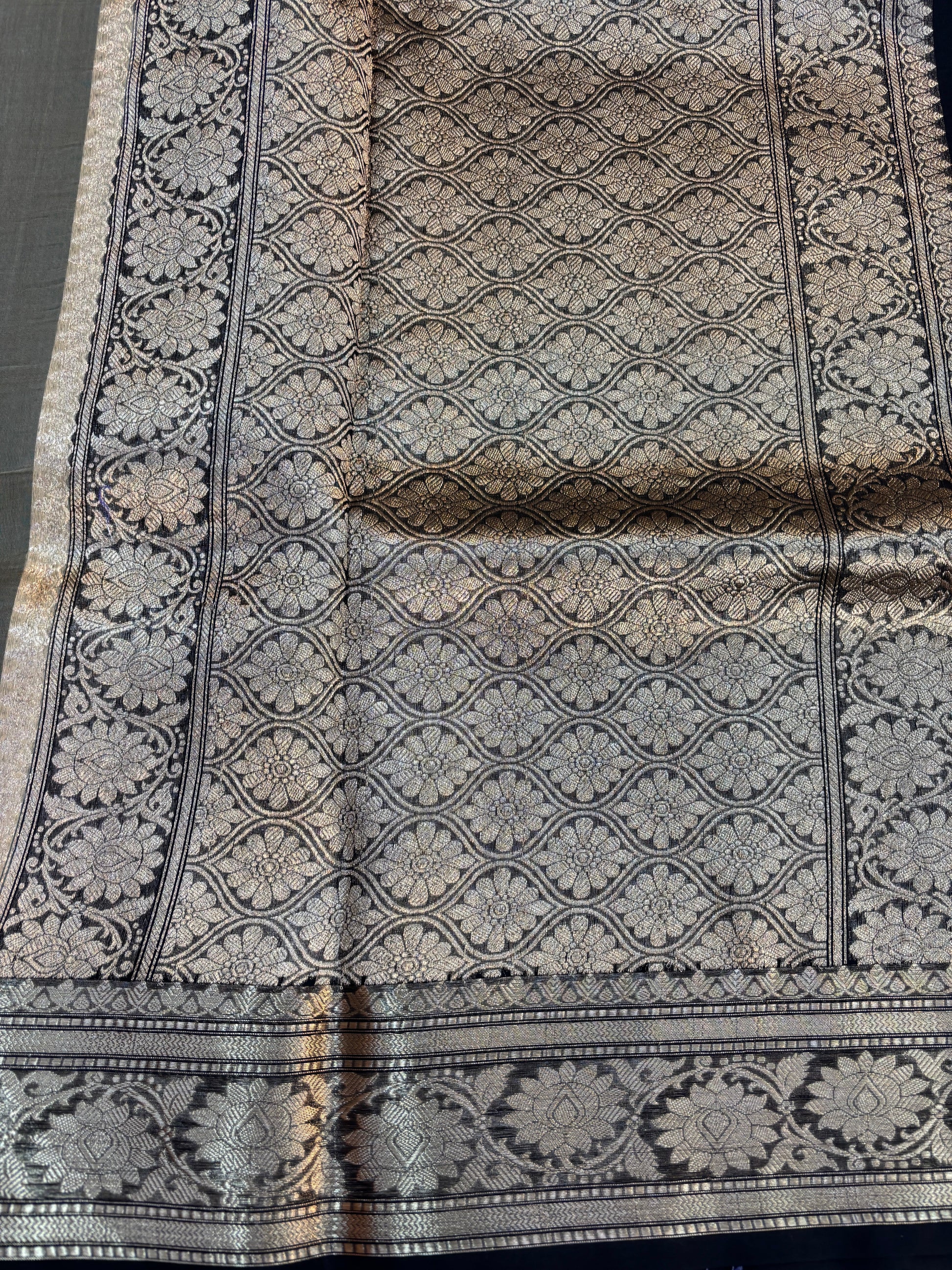 Off White with Black Pure Kora Designer Banarasi Handloom Saree 