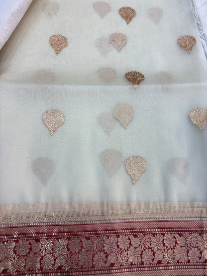 White with red Pure Kora Designer Banarasi Handloom Saree 