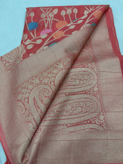 Carrot Pink Semi Khaddi Georgette Banaras Sari 