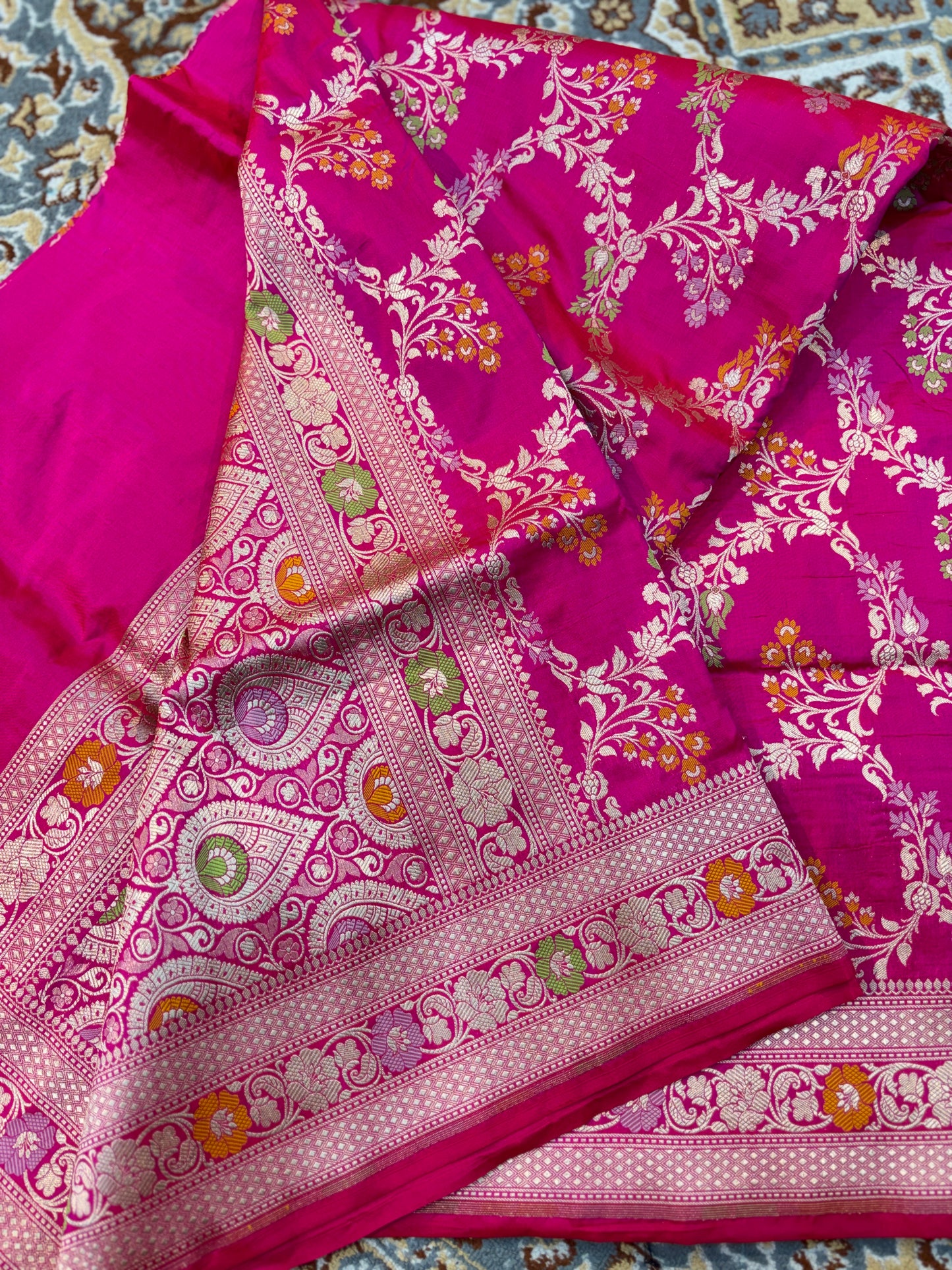 Rani pink pure Katan Jangla Meenakari Banarasi Handloom Saree