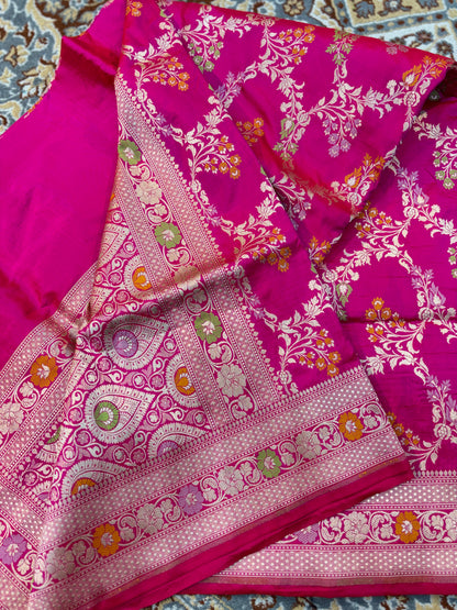 Rani pink pure Katan Jangla Meenakari Banarasi Handloom Saree