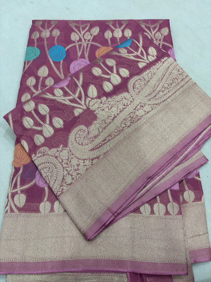 Onion Pink Semi Khaddi Georgette Banarasi Handloom Saree 