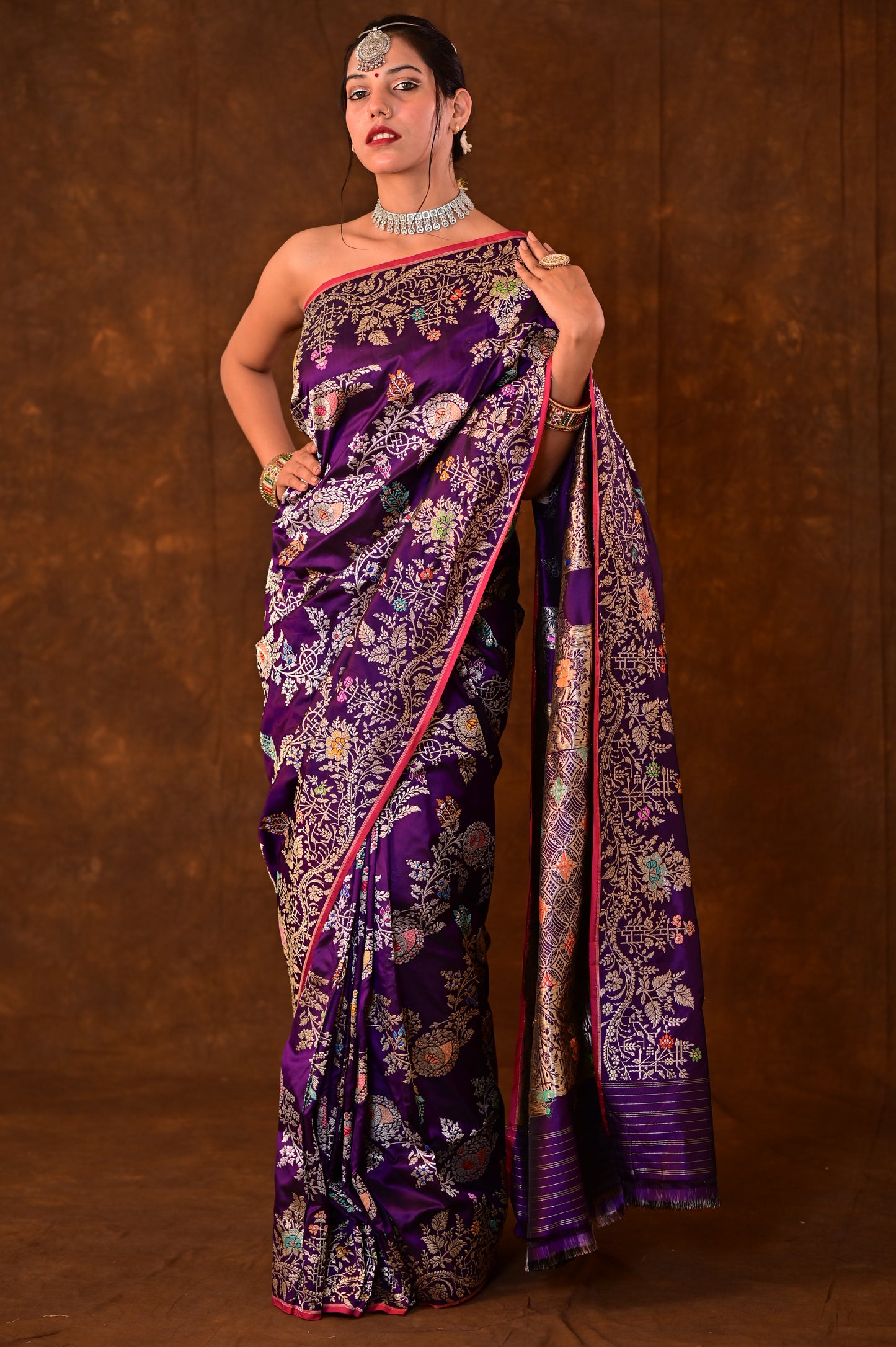 Purple Pure Katan Jangla Menakari Tilfei Banarasi Handloom Saree