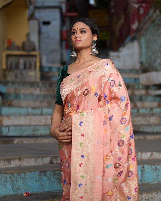 Peach Pink Mashru Menakari Kadhiyal Jangla Banaras Handloom Saree