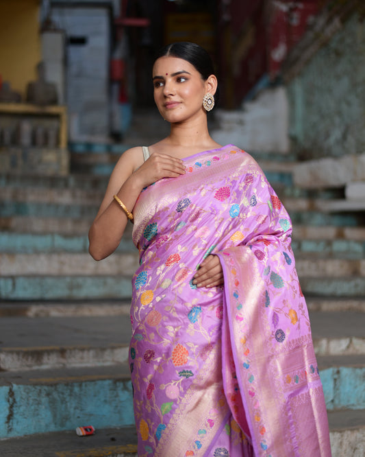 Baby Pink Ektara Katan Kadhiyal Jangla Banaras Handloom Saree