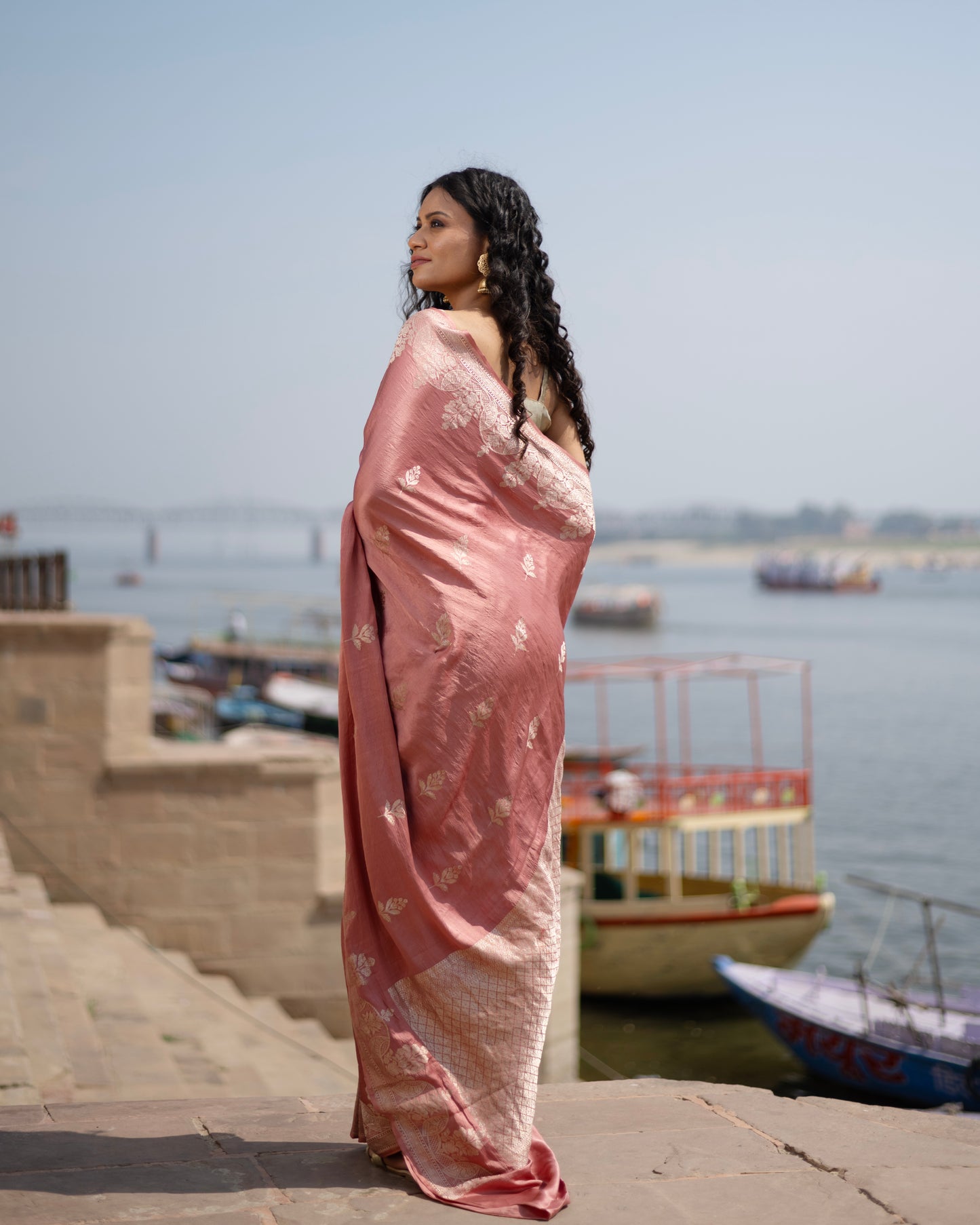 Peach Pink Mashru Kadhiyal Boota Banaras Handloom Saree