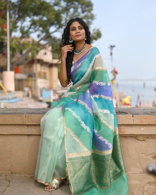 Sea Green Pure Kora Tissue Rungkaat Banaras Handloom Saree