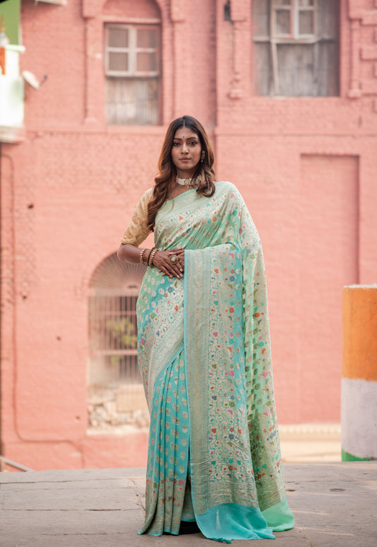 Pure Khaddi Georgette Menakari Handloom Banaras Saree