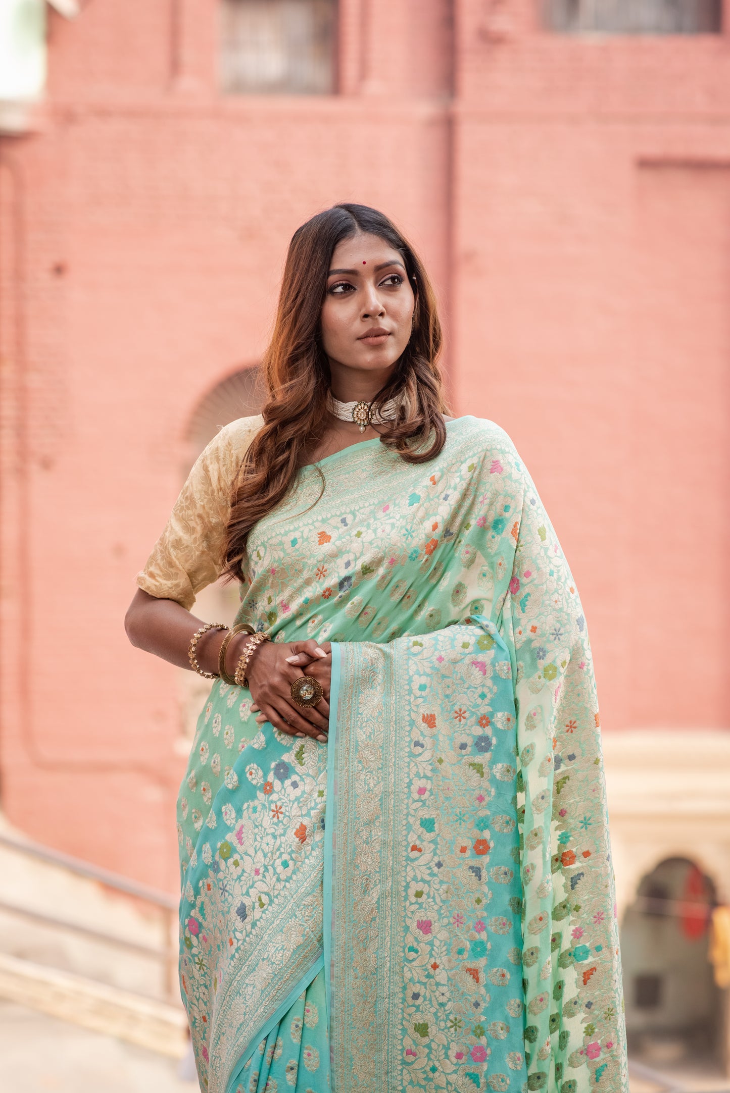 Pure Khaddi Georgette Menakari Handloom Banaras Saree