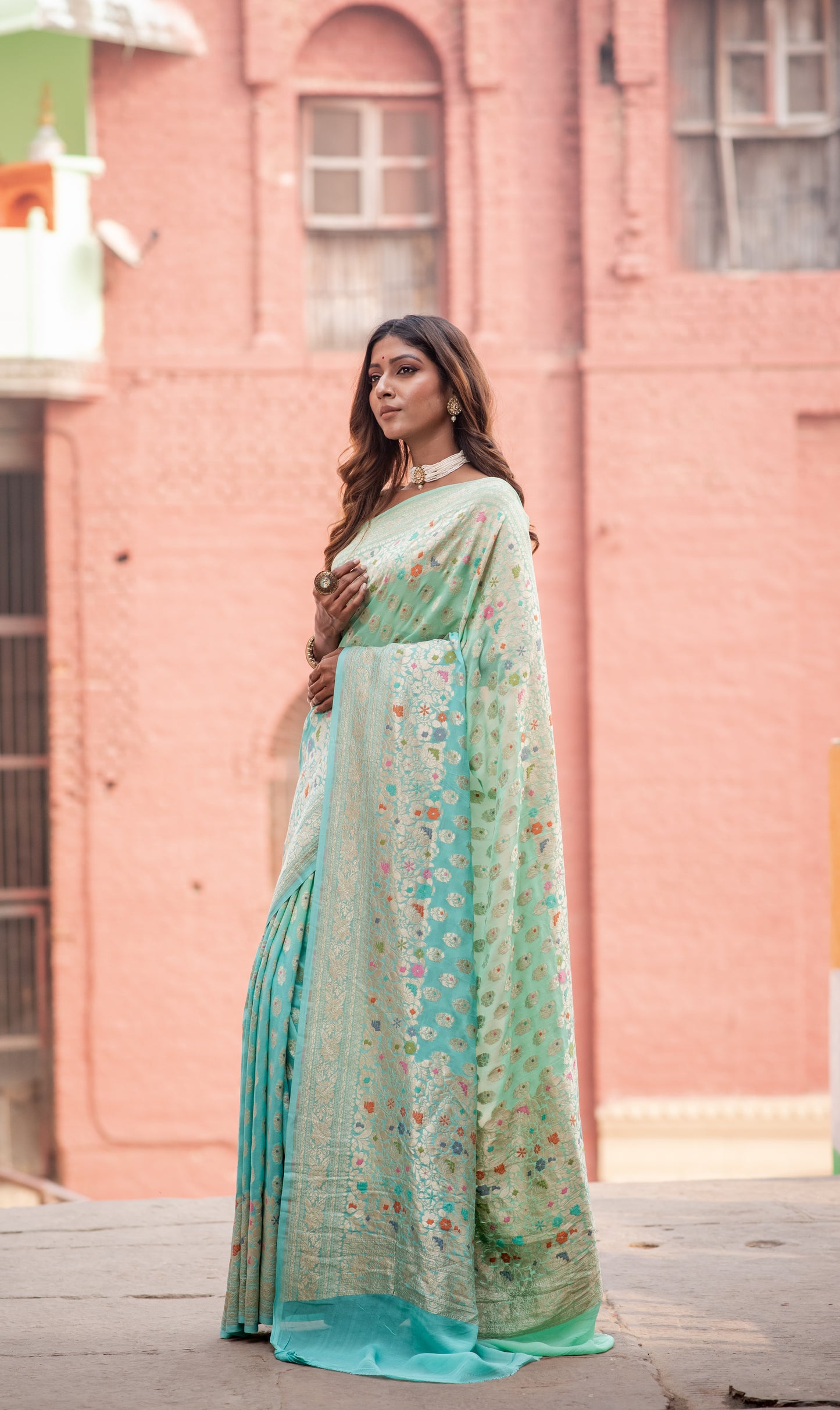 Pure Khaddi Georgette Menakari Handloom Banaras Saree