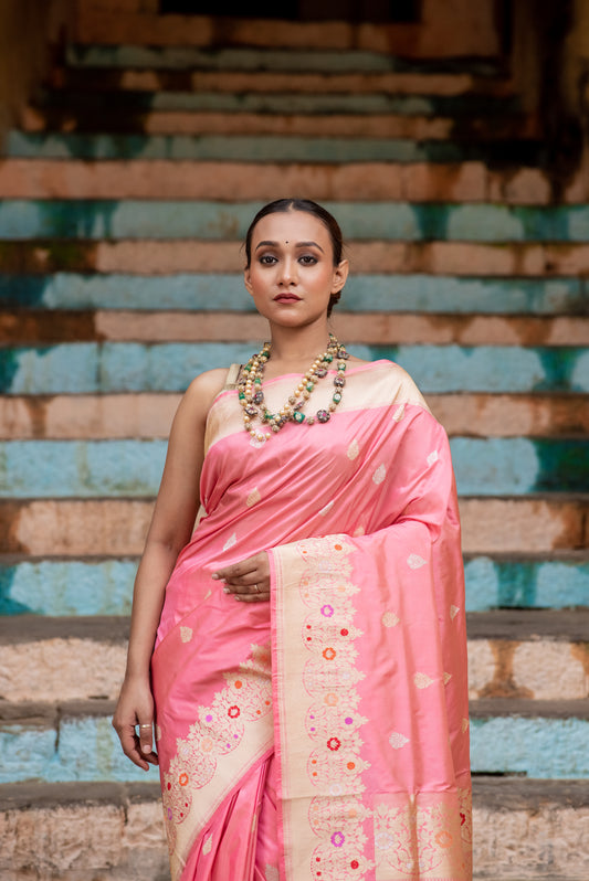 Baby Pink Pure Katan Belbooti with Meena Border Banaras Handloom Saree