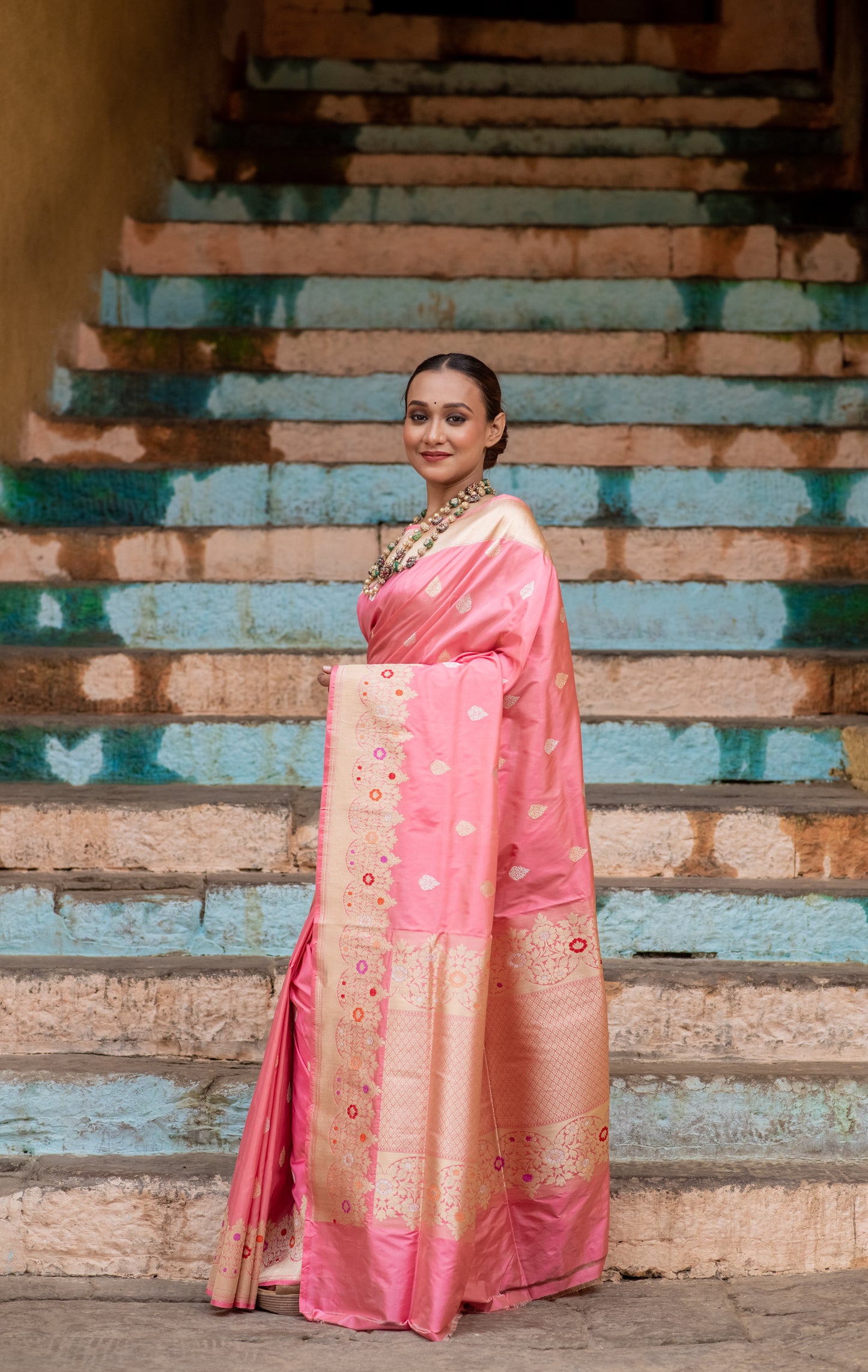 Baby Pink Pure Katan Belbooti with Meena Border Banaras Handloom Saree