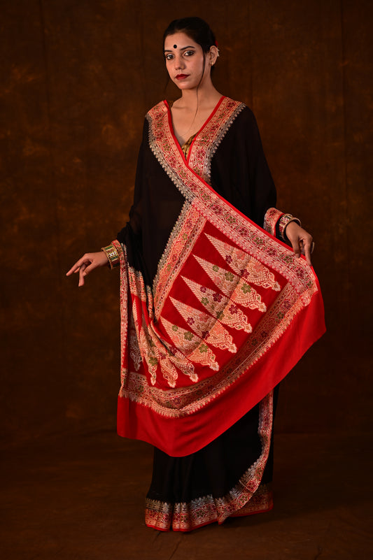 Black & Red Pure Chiffon Banarasi Handloom Saree