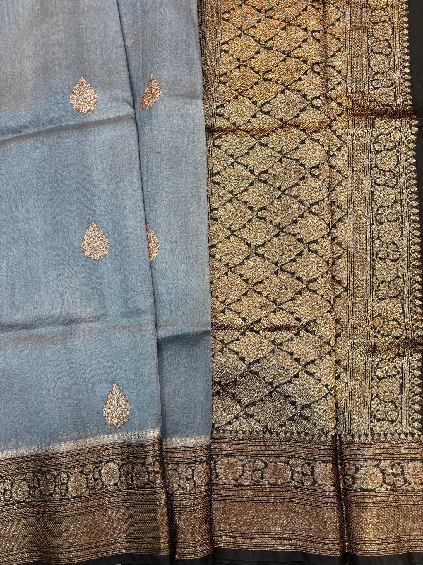 Gray-Black Pure Kora Antique Zari Banarasi Handloom Saree