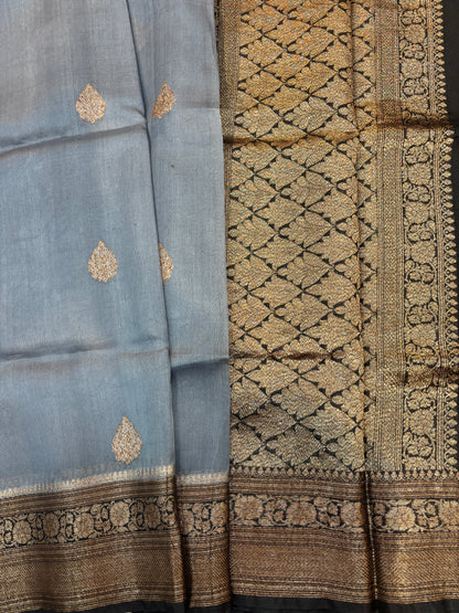 Gray-Black Pure Kora Antique Zari Banarasi Handloom Saree