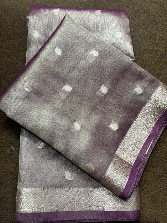 Banarasi handloom tissue sari with purple border, silver body, diamond motif pattern