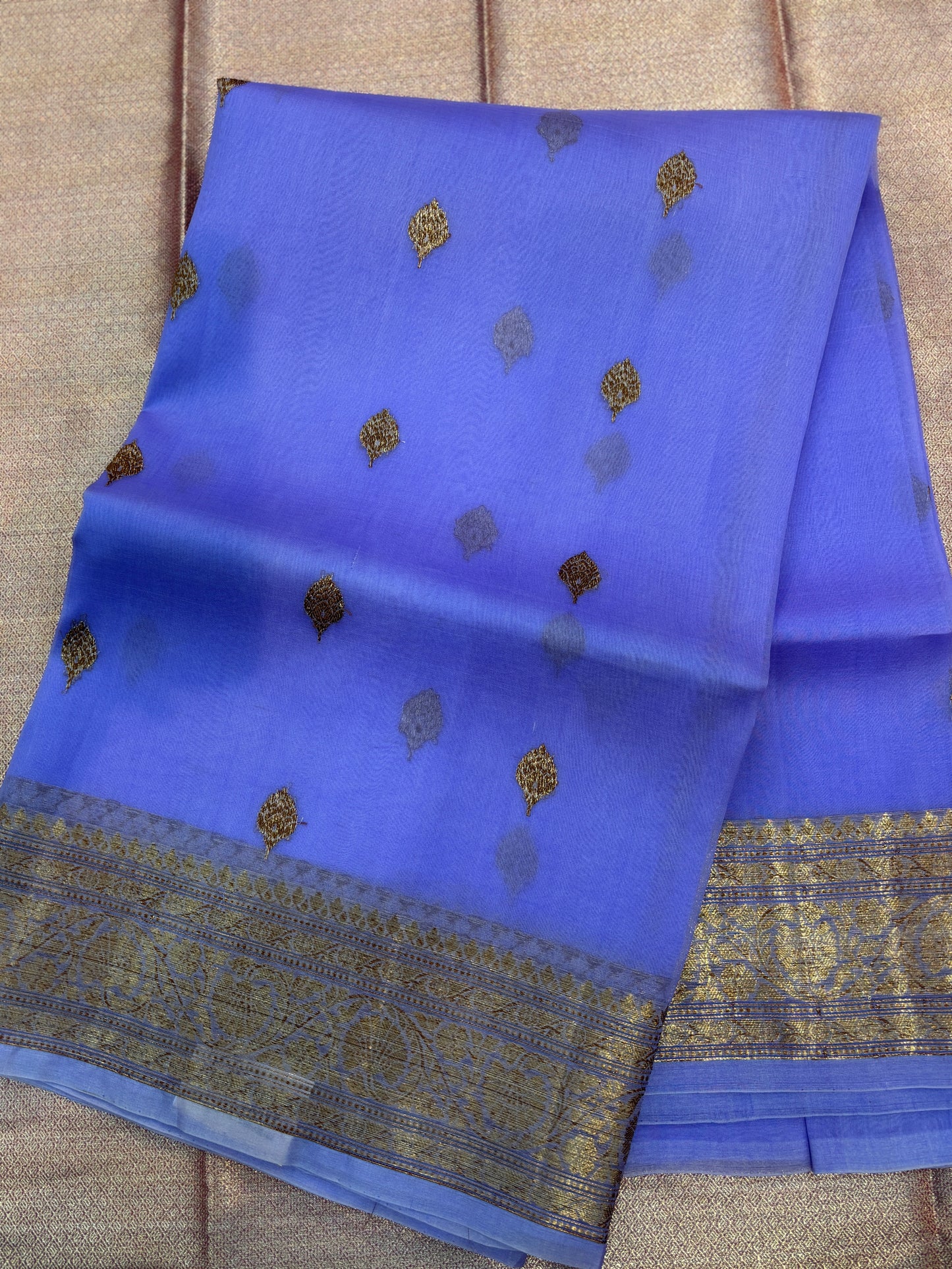 Lavender silk saree with small gold motif allover and broad zari border
