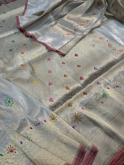 Exclusive White Pure Katan Tissue Flower Meena Boota Banarasi Handloom Saree