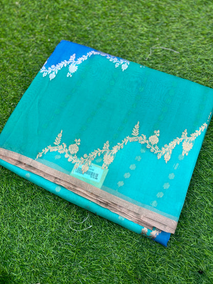 Sky Blue Pure Kora Katan Rungkaat Banarasi Handloom Saree