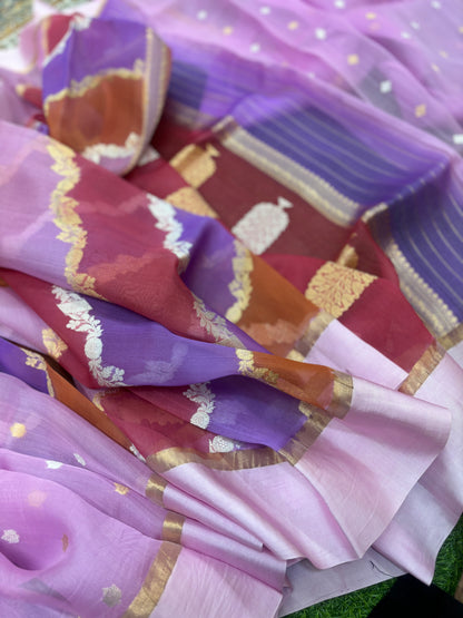 Lavender Pure Kora Katan Rungkaat Banarasi Handloom Saree
