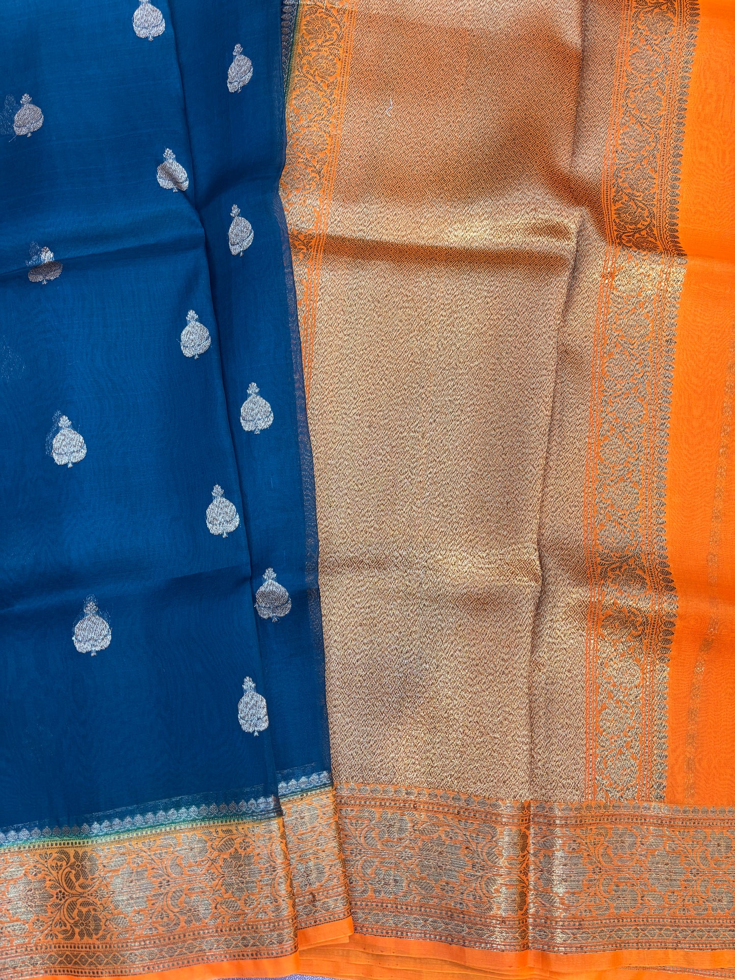 Bottle green with orange, Pure Kora Antique Zari Banarasi Handloom sari