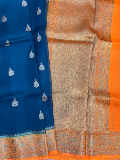 Bottle green with orange, Pure Kora Antique Zari Banarasi Handloom sari