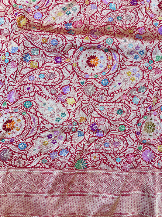 Red Pure Katan Kadhiyal Mebakari Banarsi Handloom Saree