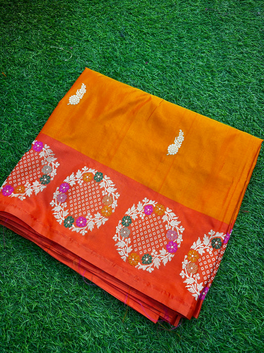 Orange Pure Katan with Designer Border Banarasi Handloom Saree