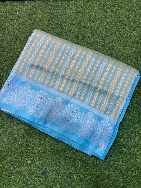 Powder Blue Pure Katan Strips Banarasi Handloom Saree