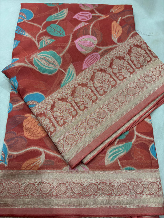 Carrot Pink Semi Khaddi Georgette Banaras Sari 