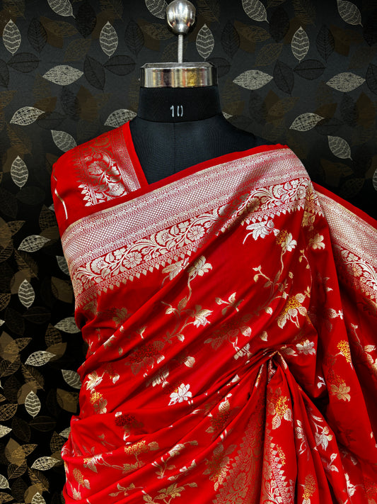 Red Semi Katan Banarasi Handloom Saree