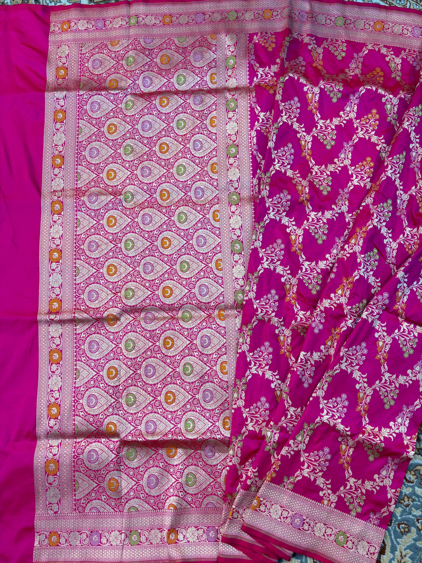 Rani pink pure Katan Jangla Meenakari Banarasi Handloom Saree